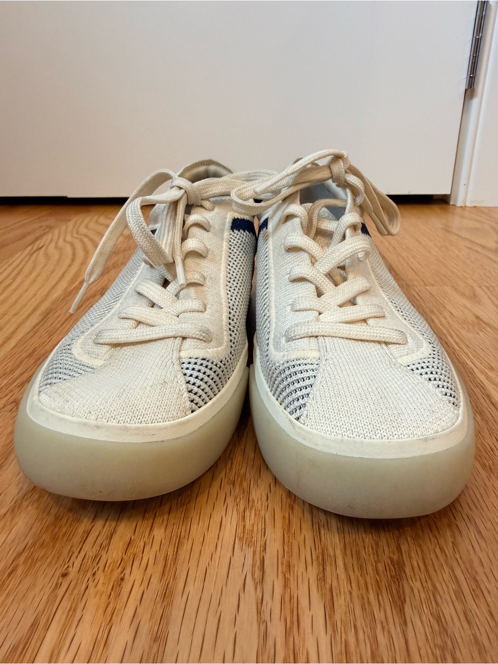 Rothy's Lace up Knit Sneakers with Navy Heel and Coral Lace Tab - Picture 3 of 9